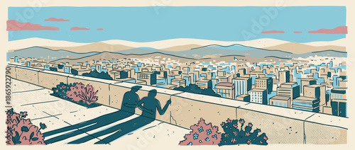 Stylized hand-drawn illustration of a couple's shadows on a rooftop, enjoying the panoramic view of a vast city skyline with distant mountains under a clear blue sky