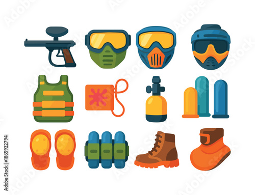 Paintball Gear Icons. Paintball gear. Colorful flat vector icons set of paintball gear: marker gun, thermal goggles, full-face mask, adjustable vest, barrel