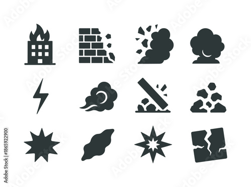 Destruction Icon Set. Destruction effects. Solid icon set of destruction effects: burning structure, collapsing wall, shattered pieces, debris cloud, crack