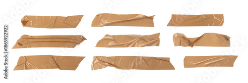 Fotografie Brown scotch tape set, adhesive tape pieces isolated