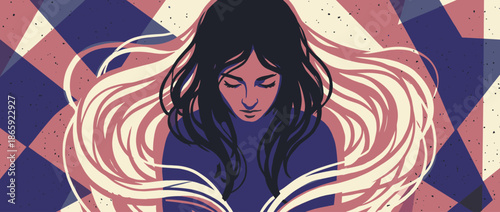 Stylized illustration of a serene woman reading a book with long, flowing hair that blends into the pages, symbolizing imagination and knowledge in a modern graphic style
