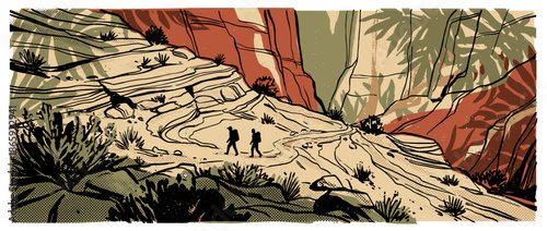 Graphic illustration of two hikers with backpacks walking on a winding trail through a vast, rocky canyon in a retro comic book style with a limited earth-tone color palette