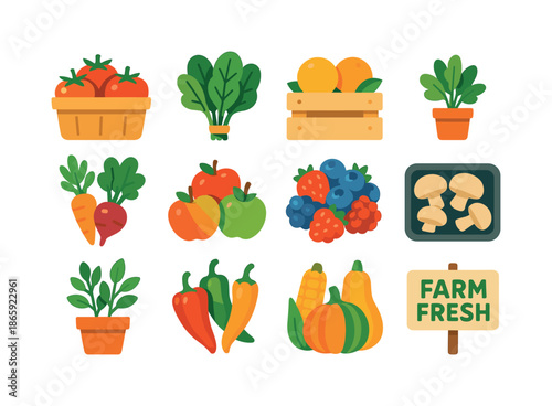 Colorful Local Produce Icons. Local produce. Colorful flat vector icons set of local produce: tomatoes basket, leafy greens bunch, citrus crate, root