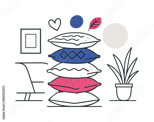 Floating Cushion Balance. Decorative cushion stack. A set of cushions balances playfully; floating symbols of texture and fabric orbit above. Minimal