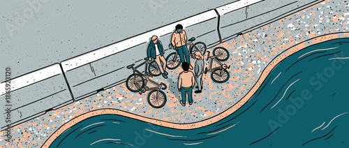 Group of four young friends with bicycles stand together on a textured urban embankment next to a waterway, depicted in a graphic, hand-drawn illustration style from a high angle