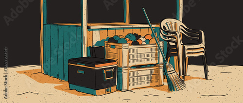 Closed wooden market stall at the end of the day with stacked crates of fruit, plastic chairs, a cooler, and a broom, depicted in a graphic novel illustration style