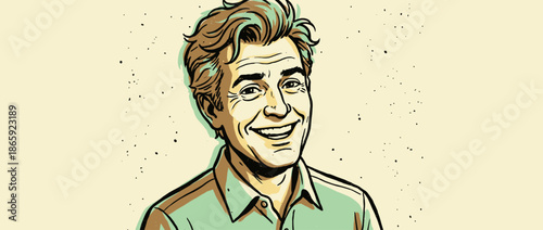 Smiling middle-aged man's illustrated portrait in a retro comic book style shows a friendly and confident character with a cheerful expression and wavy hair
