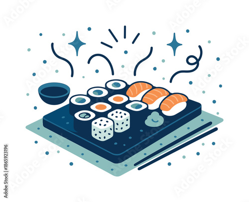 Sushi Festivity. Sushi platter celebration. A festive table with arranged sushi rolls; spark icons and curved lines expressing joy. Minimal confetti-style dots