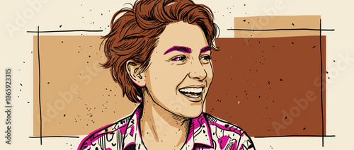 Hand-drawn comic style portrait of a smiling person with short brown hair and pink eyebrows, wearing a patterned shirt in a graphic pop art illustration with abstract shapes