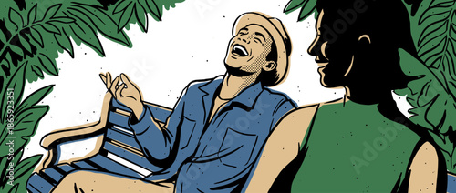 Laughing man and a smiling woman sit on a park bench together, sharing a joyful moment in a graphic pop art style with bold outlines and halftone details