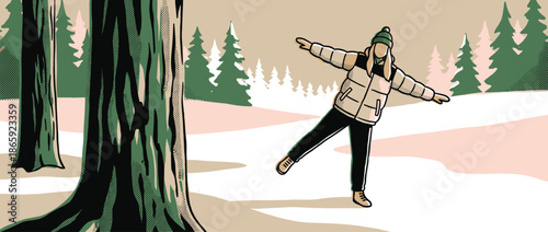 Playful woman in a warm puffer jacket and beanie joyfully balances on one leg in a snowy winter forest in a retro comic book style illustration with halftone details