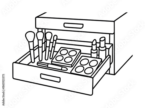 Makeup Coloring Page. Makeup storage drawer open children?s coloring book illustration, outlined drawing, friendly open drawer with neatly arranged makeup