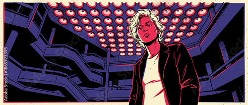Stylish young person with white hair and a confident expression stands under a ceiling of glowing lights in a dramatic, low-angle comic book style illustration