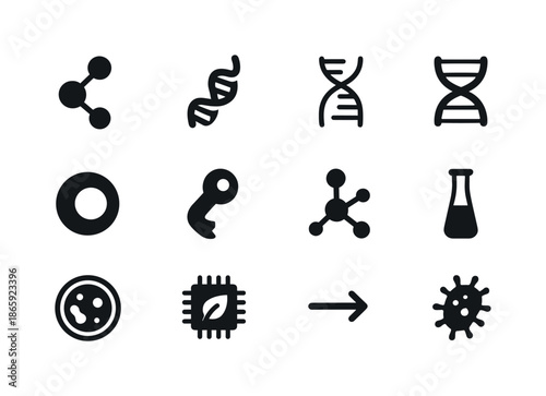 Molecular Biology Icons. Molecular biology. Solid icon set of Molecular biology: molecule model, protein chain, RNA strand, DNA loop, cell nucleus, enzyme