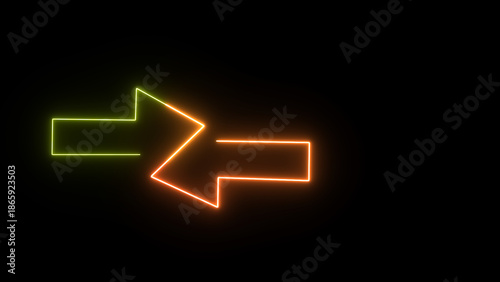 Neon yellow and orange arrows. Glowing left and right pointer signs on black background. Direction arrow symbol for black screen background. Neon illustration arrow icon.