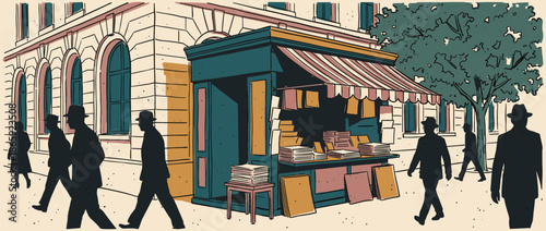 Vintage street corner newsstand kiosk with a striped awning sells newspapers on a bustling city sidewalk with silhouetted pedestrians in a retro graphic novel style illustration