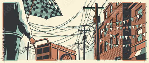 Person with a checkered umbrella and cart walks down a city street decorated with bunting flags in a retro, graphic comic book style illustration with tangled power lines