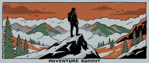 Stylized graphic illustration of a hiker silhouette standing on a mountain peak, looking over a vast, cloudy landscape with pine trees in a retro, comic book art style