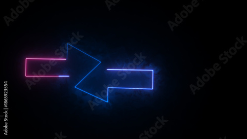 Neon blue and puple arrows. Glowing left and right pointer signs on black background. Direction arrow symbol for black screen background. Neon illustration arrow icon.