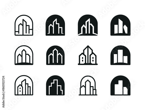 City Skyline Logo Variations. Mural. Icon set. Set Logo of mural: city skyline outline. harmonious logo variations of the same emblematic concept, each with