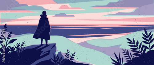 Silhouetted figure in a long cloak stands on a rocky cliff edge, looking out over a vast, minimalist landscape at sunset in a modern flat vector illustration style