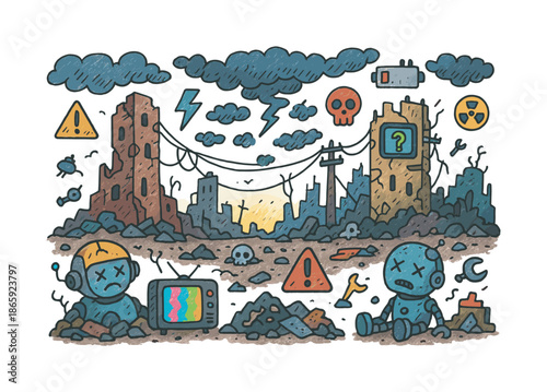 Colorful Dystopian Landscape. Dystopian landscape. Colorful Hand-drawn doodle Children illustration Dystopian landscape ruined towers, cables, dark clouds,