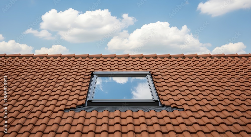 Naklejka premium Tiled Roof with a Skylight and Clouds in the Sky on a Sunny Day