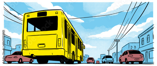 Yellow city bus illustration from a low angle view drives on a busy urban street with traffic and buildings in a bold, graphic comic book style with halftone textures