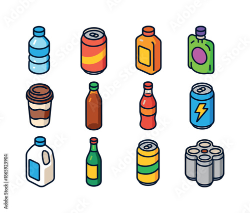 Colorful Beverage Icons. Beverage packaging. Colorful isometric vector icons set of beverage packaging: water bottle, soda can, juice bottle, smoothie pouch,