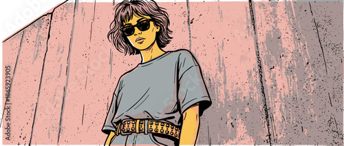 Cool young woman with pink hair and sunglasses stands confidently in a gritty comic book style illustration with a low-angle perspective and textured details