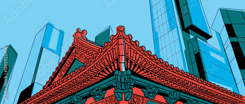 Ornate traditional red and teal building corner with intricate architectural details contrasts with modern blue skyscrapers in a vibrant, graphic comic book style illustration