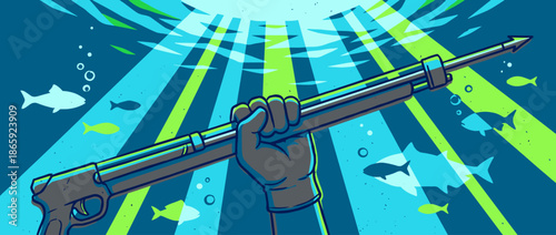 Gloved hand holding a speargun underwater is seen from a low angle perspective in a vibrant vector illustration showing a spearfishing hunt with sunbeams and swimming fish