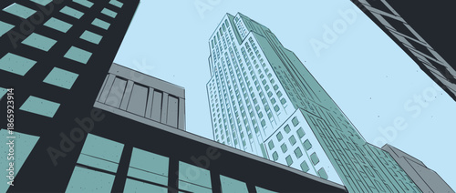 Tall skyscraper illustration in a comic book style is viewed from a low angle, creating a dramatic and imposing perspective of modern urban architecture against a clear blue sky