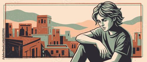 Sad and pensive young person with tousled hair sits alone with a thoughtful expression in a retro graphic novel style illustration with a limited, muted color palette