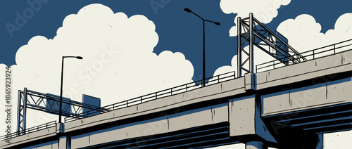 Concrete highway overpass bridge illustration with metal railings and lampposts viewed from a low angle against a cloudy sky in a bold, graphic comic book style