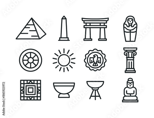 Ancient Civilization Icons. Ancient civilizations. Line icon set of ancient civilizations: pyramid, obelisk, temple gate, sarcophagus, stone wheel, sun symbol,