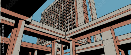 Graphic novel style illustration of a brutalist building and concrete overpass viewed from a low angle, showcasing stark geometric architecture and bold graphic lines