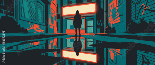 Mysterious silhouetted figure in a coat stands alone in a dark, noir-style urban alley, their form reflected in a puddle under a glowing blank sign