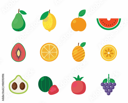Colorful flat design illustration of various fresh fruits and sliced pieces