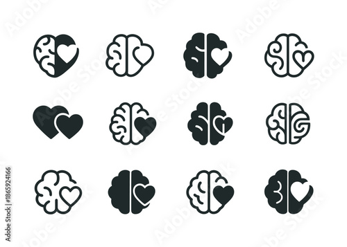 Cognitive Therapy Icons. Cognitive therapy. Icon set. Set Logo of cognitive therapy: mind?heart balance. harmonious logo variations of the same emblematic