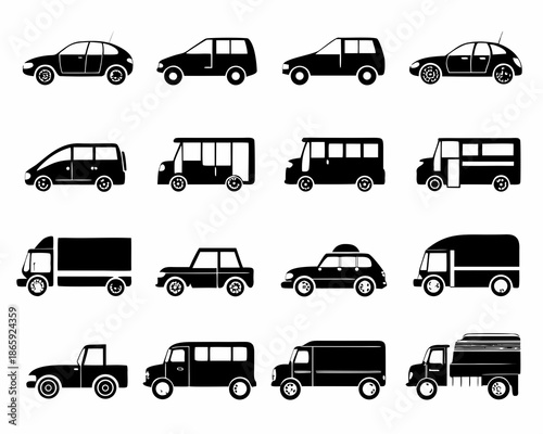 Collection of diverse vehicle silhouettes including cars vans and trucks