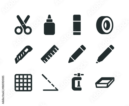 Craft Tools Icons. Cardboard craft tools. Solid icon set of Cardboard craft tools: scissors, glue bottle, glue stick, tape roll, utility knife, ruler, pencil,