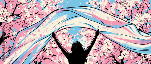 Silhouetted woman from behind holding a large pink, blue, and white fabric overhead, surrounded by flowering cherry blossom trees in a hopeful pop art illustration