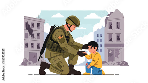 Humanitarian soldier helping injured civilian child in conflict zone, flat vector illustration showing compassion, protection, and military service with humanity, ideal for editorial, peace, and aid