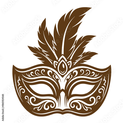 brown and white masquerade mask with feathers on top for carnival or venetian party isolated on white background