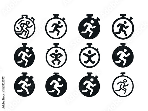 Diverse Running Icons. Running. Icon set. Set Logo of Running: stopwatch. harmonious logo variations of the same emblematic concept, each with different