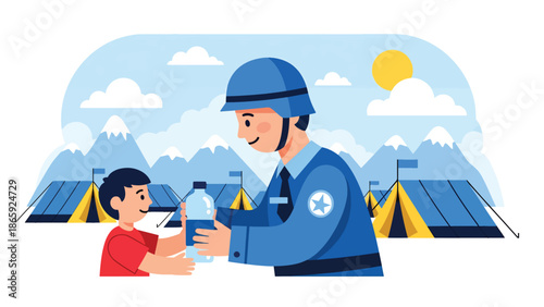 Peacekeeping soldier giving water to refugees, vector illustration highlighting humanitarian military support, compassion, relief effort, and global crisis assistance in clean flat design