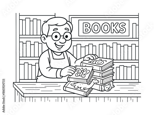 Friendly Bookstore Scene. Bookstore owner behind counter children?s coloring book illustration, outlined drawing, smiling owner stacking cartoon books on a