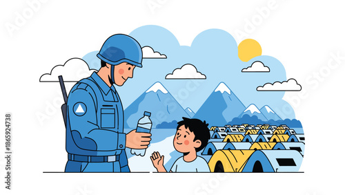 Peacekeeping soldier giving water to refugees, vector illustration highlighting humanitarian military support, compassion, relief effort, and global crisis assistance in clean flat design