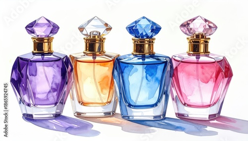 Watercolor perfume bottles in varying jewel tones